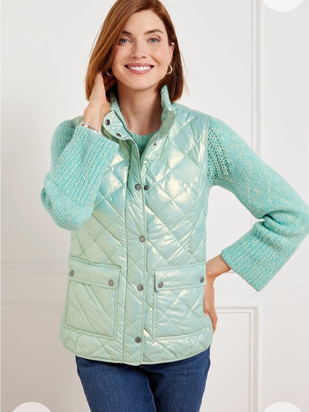 Talbots Plus 2X Shiny Metallic Icy Mint Green Quilted Down Vest NWT